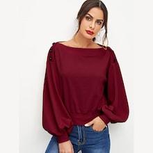 Romwe Button Detail Lantern Sleeve Pullover