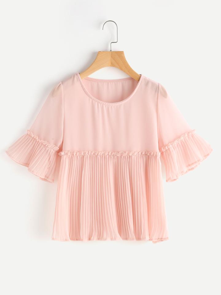 Romwe Bell Sleeve Pleated Smock Chiffon Blouse