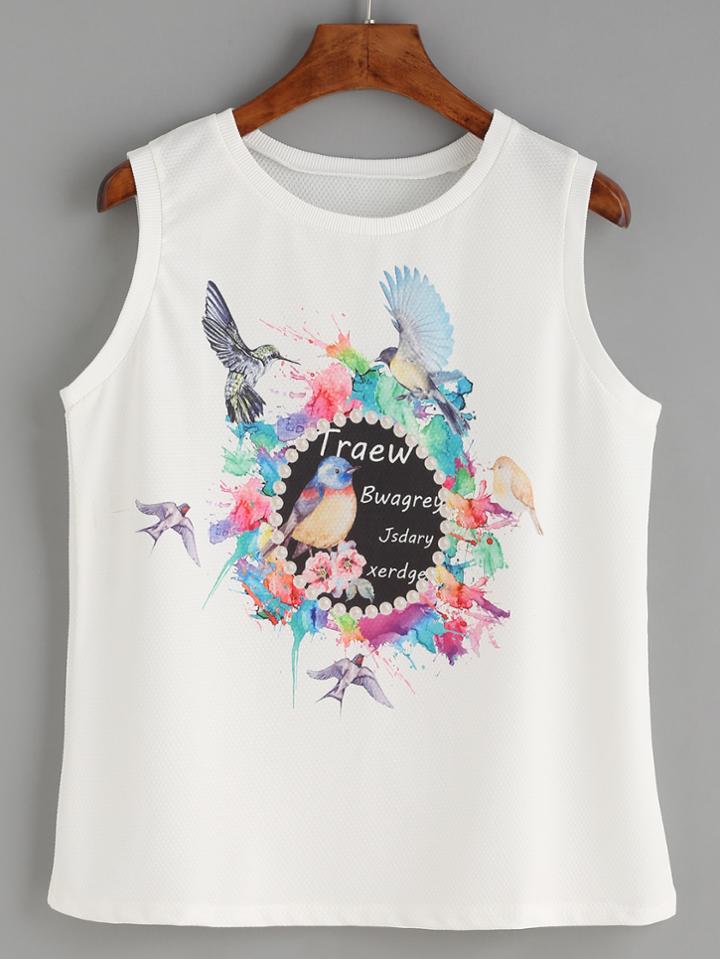 Romwe White Bird Print Tank Top