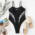 Romwe Graphic Letter Tape High Leg One Piece Swimsuit