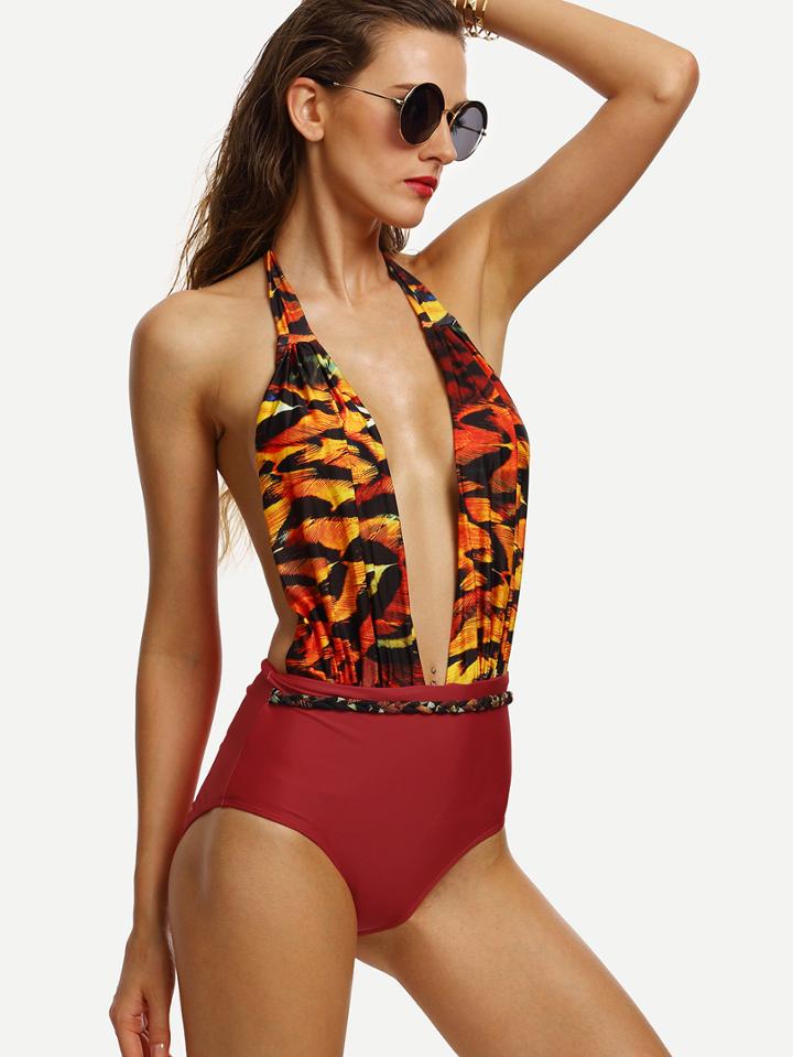 Romwe Multicolor Abstract Print Plunge Neck Backless Swimsuit