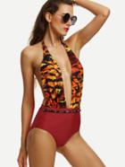 Romwe Multicolor Abstract Print Plunge Neck Backless Swimsuit