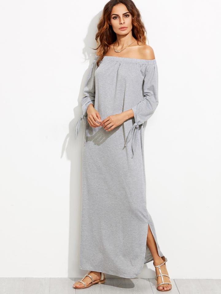 Romwe Bardot Tie Sleeve Slit Maxi Dress