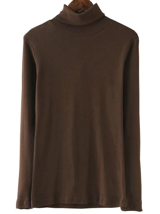Romwe Turtleneck Long Sleeve Coffee T-shirt