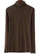 Romwe Turtleneck Long Sleeve Coffee T-shirt