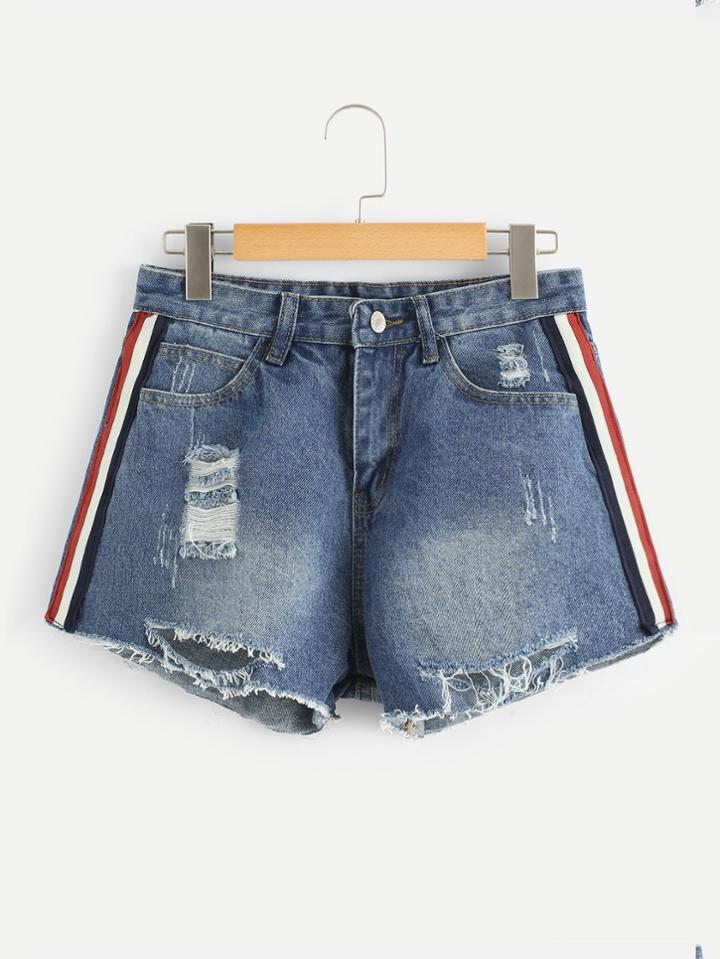 Romwe Stripe Side Raw Hem Ripped Denim Shorts