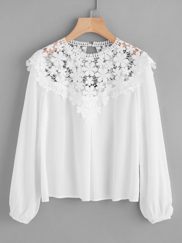 Romwe Guipure Lace Yoke Keyhole Back Lantern Sleeve Blouse