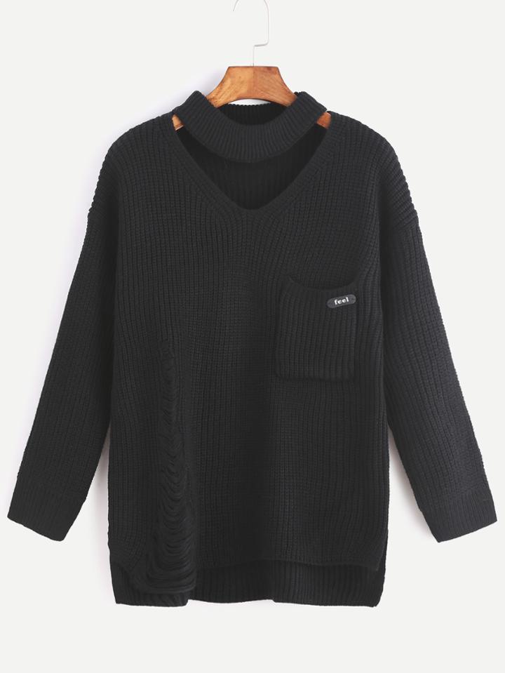 Romwe Black Choker Neck Dip Hem Pocket Distressed Sweater