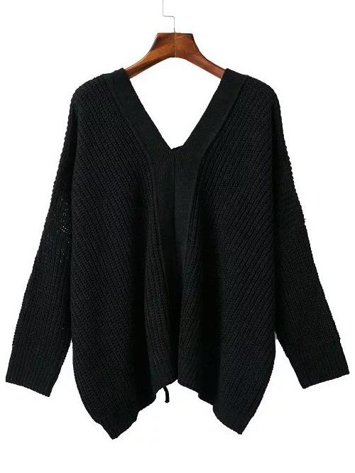 Romwe Black V Neck Lace Up Back Drop Shoulder Sweater