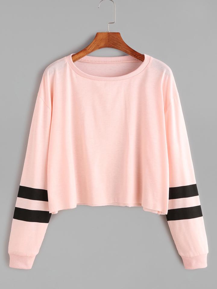 Romwe Pink Varsity Striped Sleeve Crop T-shirt