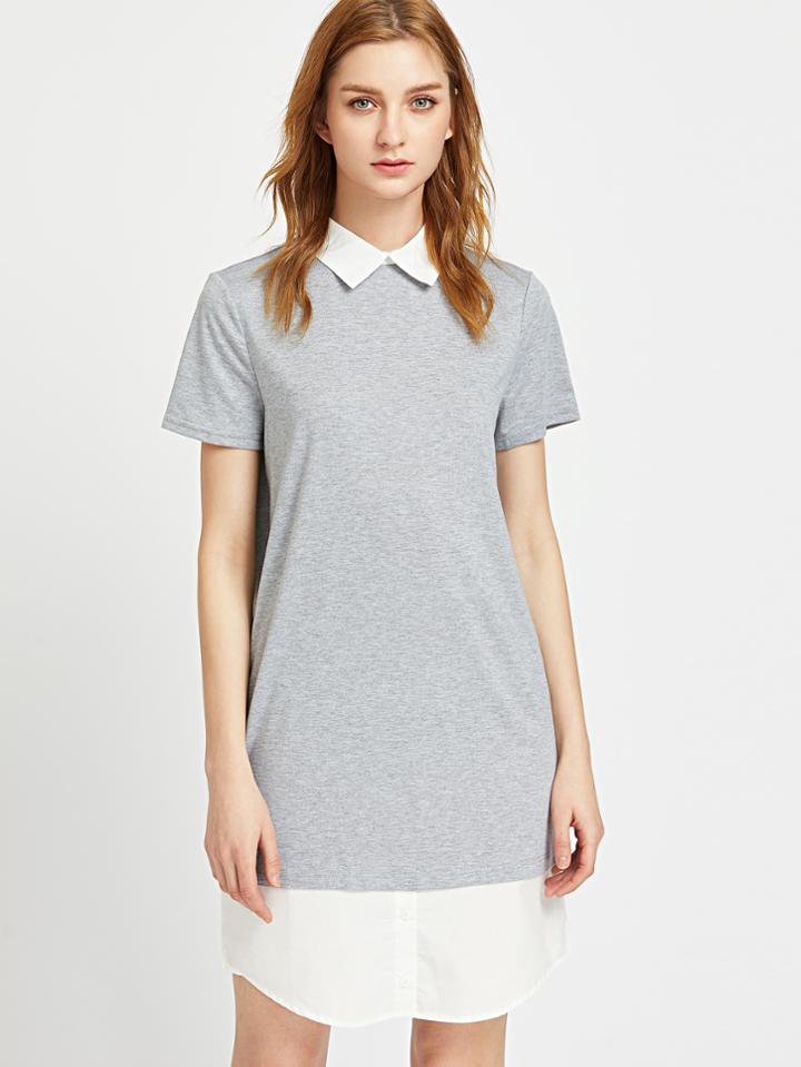 Romwe Heather Grey Contrast Collar And Hem Tee Dress