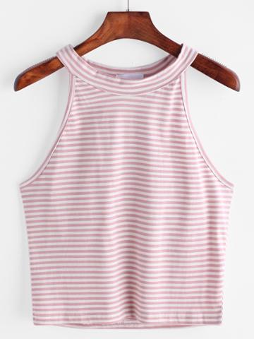 Romwe Pink Striped Halter Neck Top