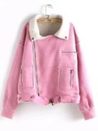 Romwe Lapel Zipper Pockets Pink Coat