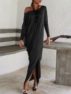 Romwe Black Oblique Shoulder Boatneck Bat Sleeve Slit Dress