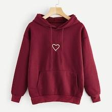 Romwe Heart Print Drawstring Kangaroo Pocket Hoodie