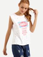 Romwe Eyelet Graphic Print Tank Top - White
