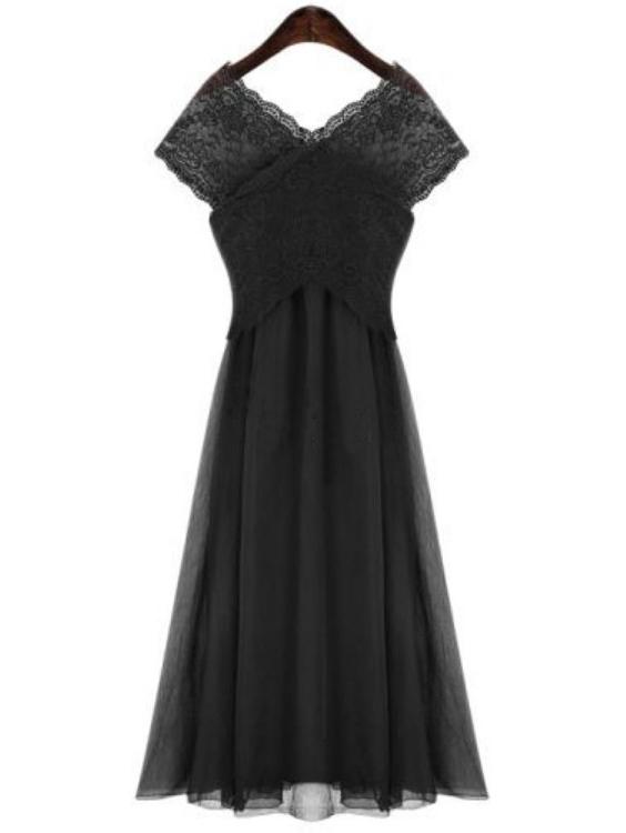 Romwe Sheer Lace Shoulder Layered Mesh Dress