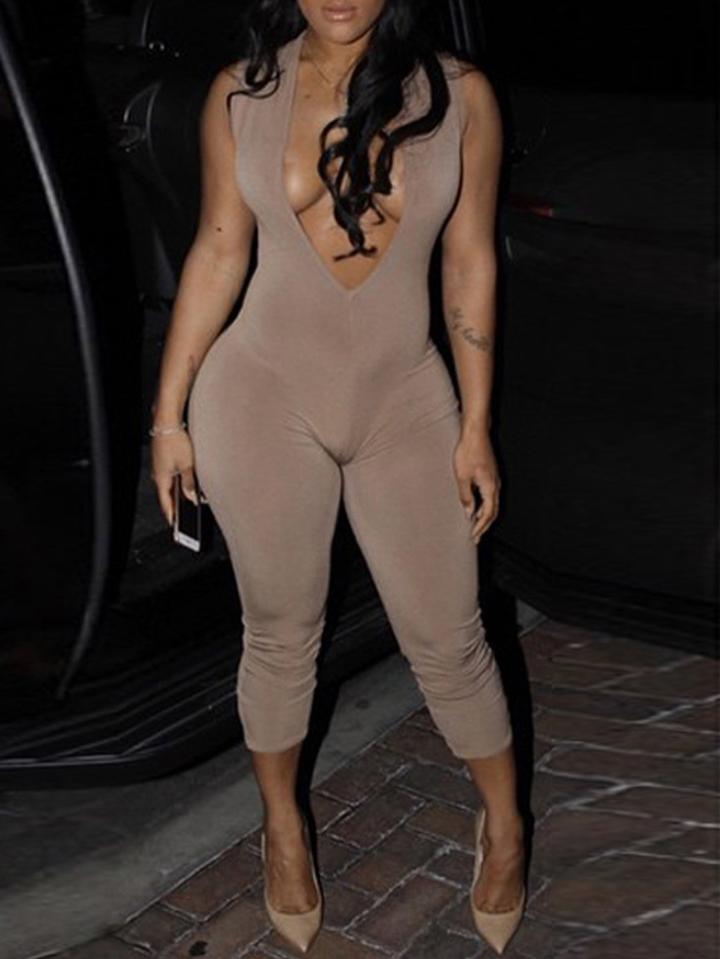 Romwe Deep V Neck Open Back Sheath Jumpsuit