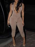 Romwe Deep V Neck Open Back Sheath Jumpsuit