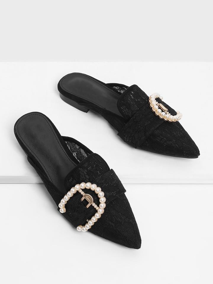 Romwe Faux Pearl Pointed Toe Flat Mules