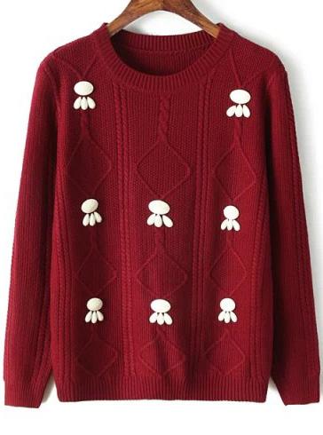 Romwe Bead Diamond Patterned Wine Red Sweater