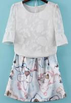 Romwe White Half Sleeve Hollow Top With Map Print Skirt