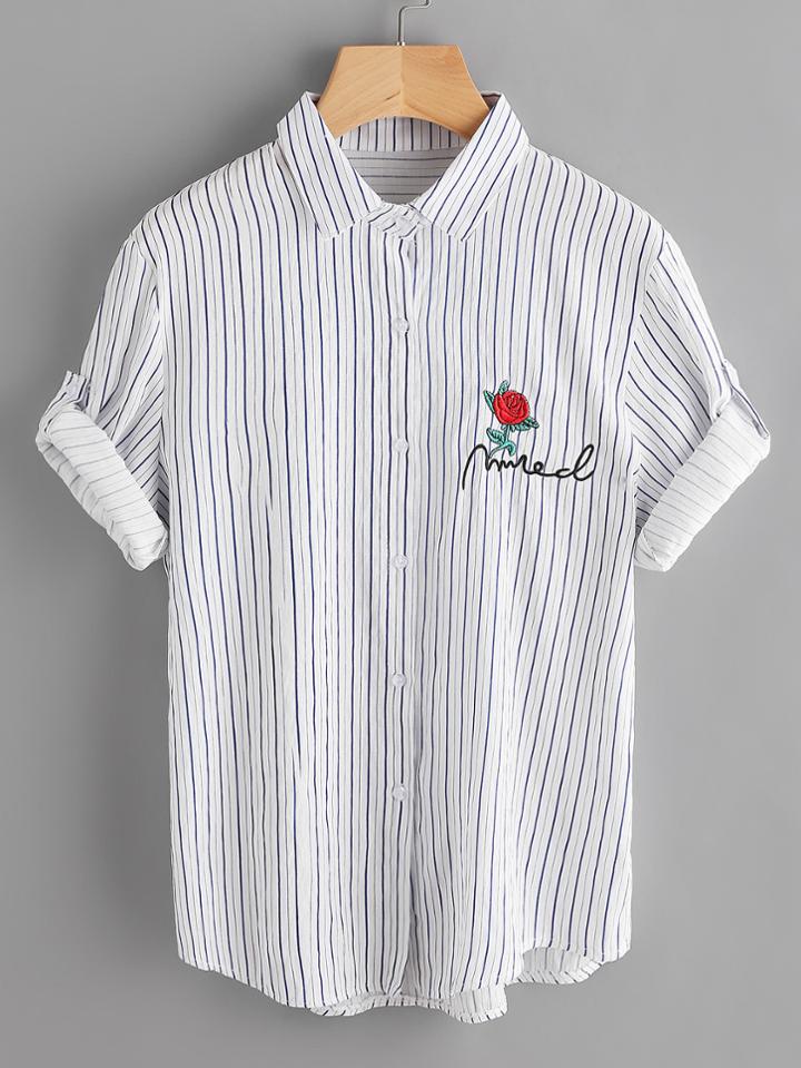 Romwe Rolled Sleeve Rose Embroidered Vertical Striped Shirt