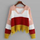 Romwe Color Block Asymmetrical Hem Sweater