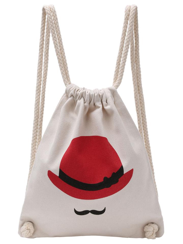 Romwe Red Hat Print Canvas Drawstring Backpack