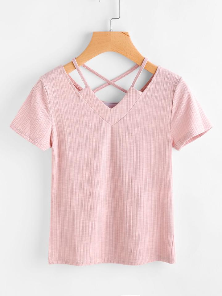 Romwe Criss Cross Ribbed Tee