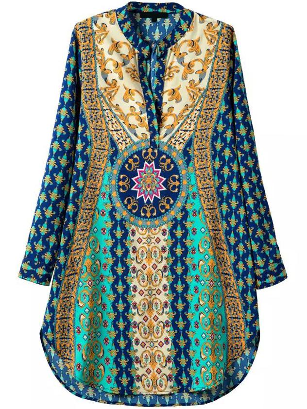 Romwe V Neck Vintage Print Shift Dress