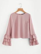 Romwe Buttoned Keyhole Back Layered Fluted Sleeve Top