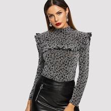 Romwe Mock Neck Ruffle Leopard T-shirt
