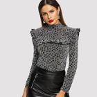 Romwe Mock Neck Ruffle Leopard T-shirt