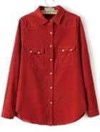 Romwe Red Lapel Long Sleeve Buttons Pockets Blouse