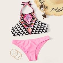 Romwe Geometric Pattern Halter Top Mix & Match Bikini Set