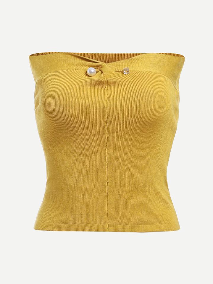 Romwe Pearl Pin Detail Twist Front Bandeau Top
