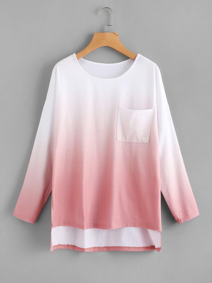 Romwe Dip Hem Chest Pocket Ombre Tee
