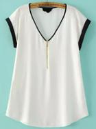 Romwe V Neck Contrast Top With Zipper