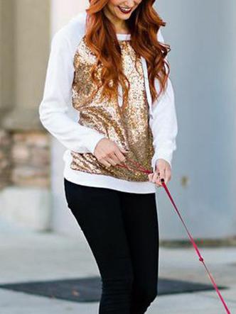 Romwe Round Neck Sequined White And Gold Sweatshirt