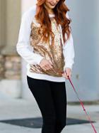 Romwe Round Neck Sequined White And Gold Sweatshirt