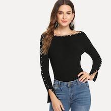 Romwe Pearls Beaded Split Cuff Sweater