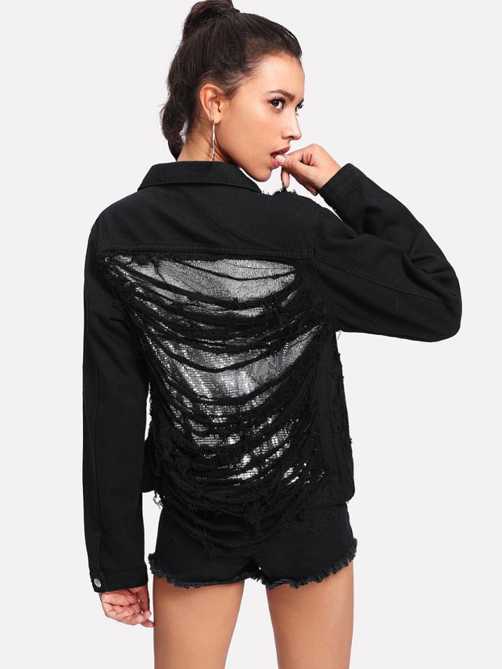 Romwe Dark Wash Ripped Sequin Back Denim Jacket