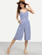 Romwe Blue Spaghetti Strap Vertical Striped Self-tie Jumpsuit