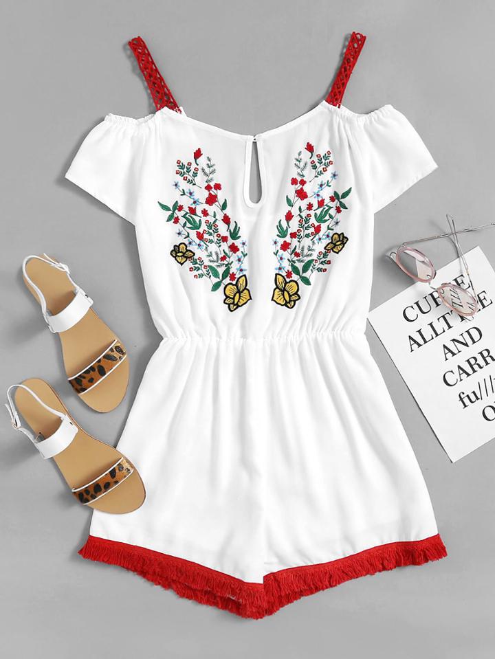 Romwe Contrast Lace Detail Keyhole Front Embroidered Romper