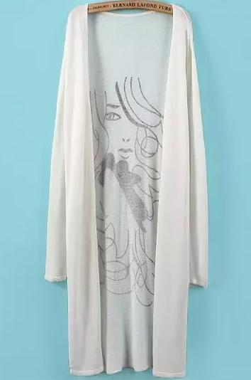 Romwe Beauty Print Long White Cardigan