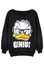 Romwe Romwe Donald Duck & Letters Print Black Sweatshirt