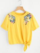 Romwe Embroidered Flower Applique Knot Hem Cuffed Tee