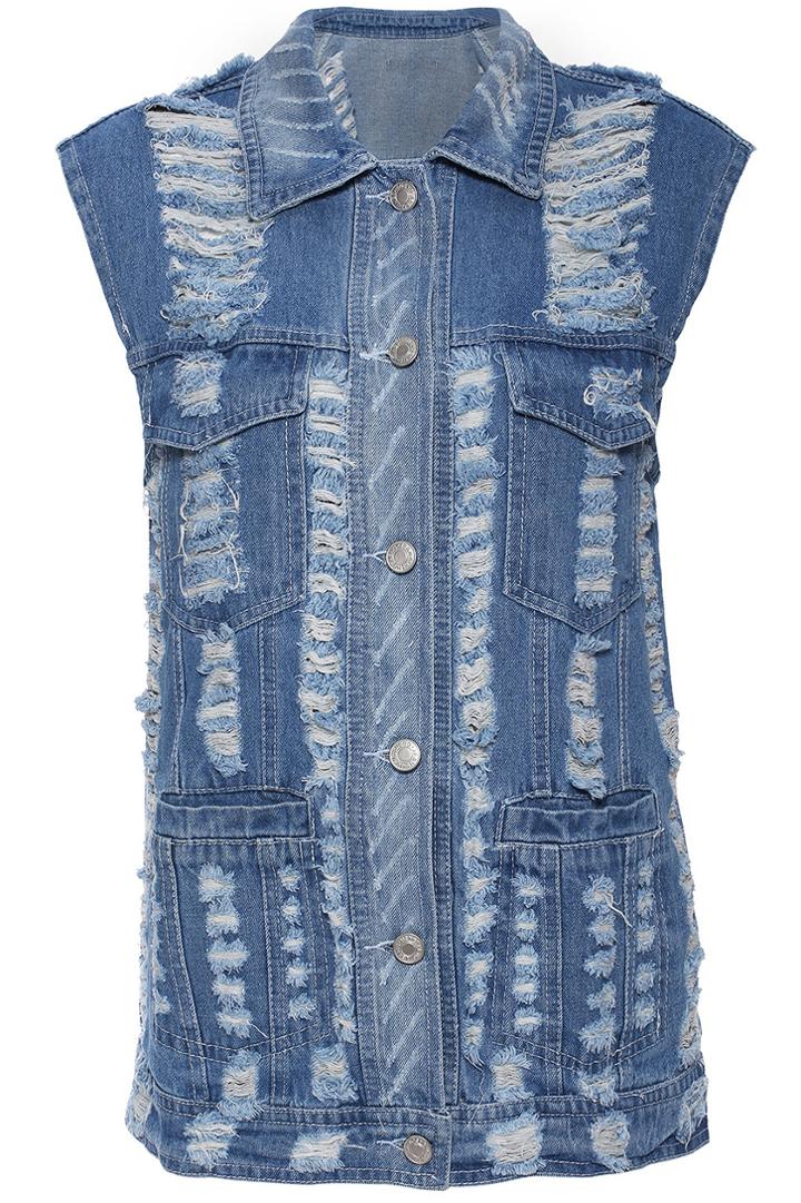 Romwe Distressed Sleeveless Blue Denim Jacket