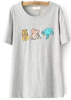 Romwe Dolphins Elephants Embroidered Grey T-shirt
